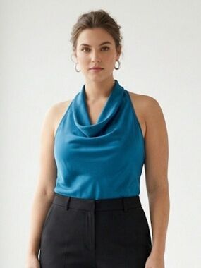 Satin Draped Halter Top – Size L | Night‑Out Aesthetic | Y2K | Luxe Minimalist